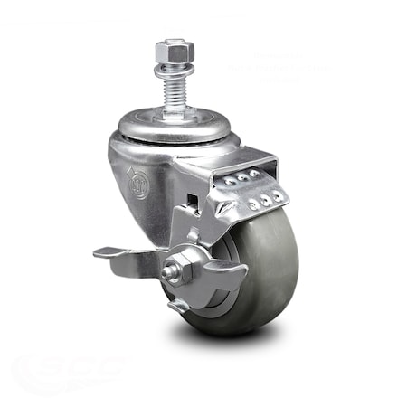 Service Caster 3.5 Inch Gray Polyurethane Wheel Swivel 12mm Threaded Stem Caster with Brake SCC-TS20S3514-PPUB-TLB-M1215